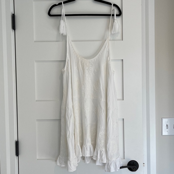 Elan White Sequin Embroidered Dress with Shoulder Pom Pom Ties - Picture 1 of 10